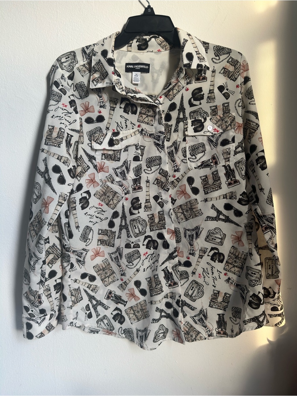 Karl Lagerfeld White Travel-Print Long Sleeve Button-Down Shirt